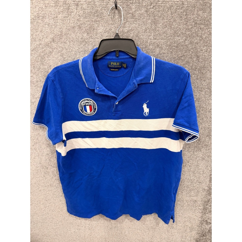 Polo Ralph Lauren Men Polo Shirt XL Blue Custom Slim Fit France Crest Striped - Picture 3 of 7